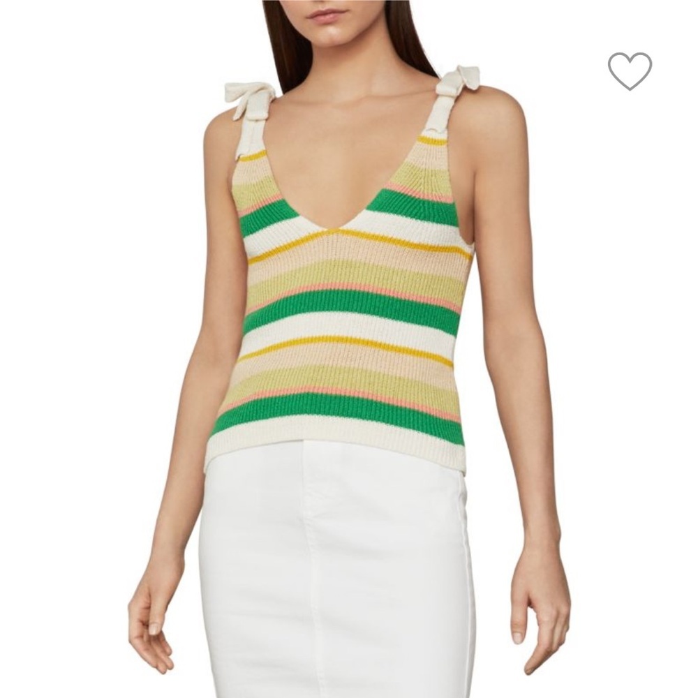 BCBGMaxAzria Colorful Striped Ribbed Knit V-Neck Sweater Bow Tank
